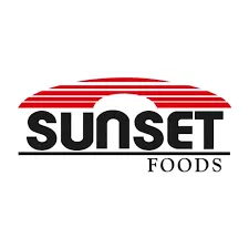 Sunset foods logo. White background with red shape on top and the words in a big font